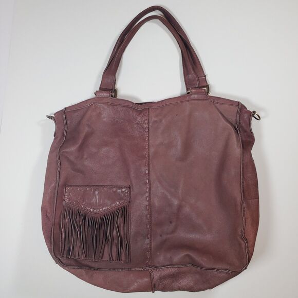 Free People Women’s Large Brown Leather Tote Bag Boho Distressed Weekender - Picture 5 of 15